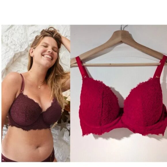 NEW Aerie | Real Power Plunge Push Up Eyelash Lace Bra In Red - Picture 1 of 11